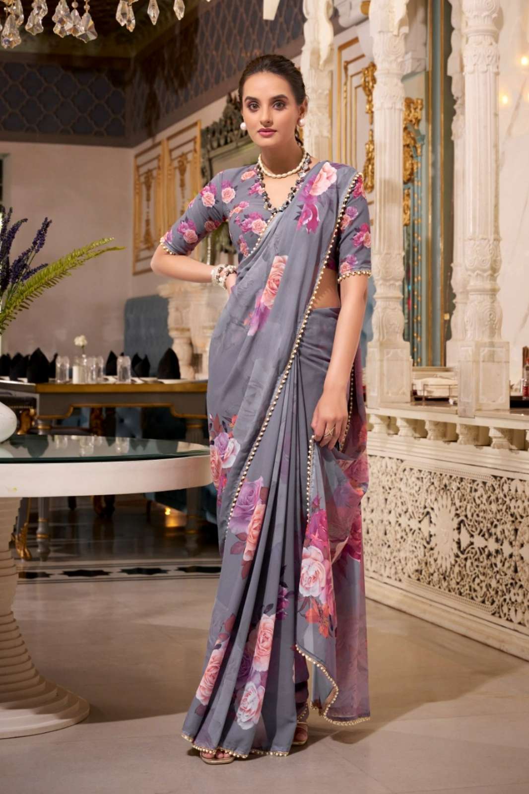 Shri Balaji Emporium NIRZARI Georgette Printed Saree with pearl lace border