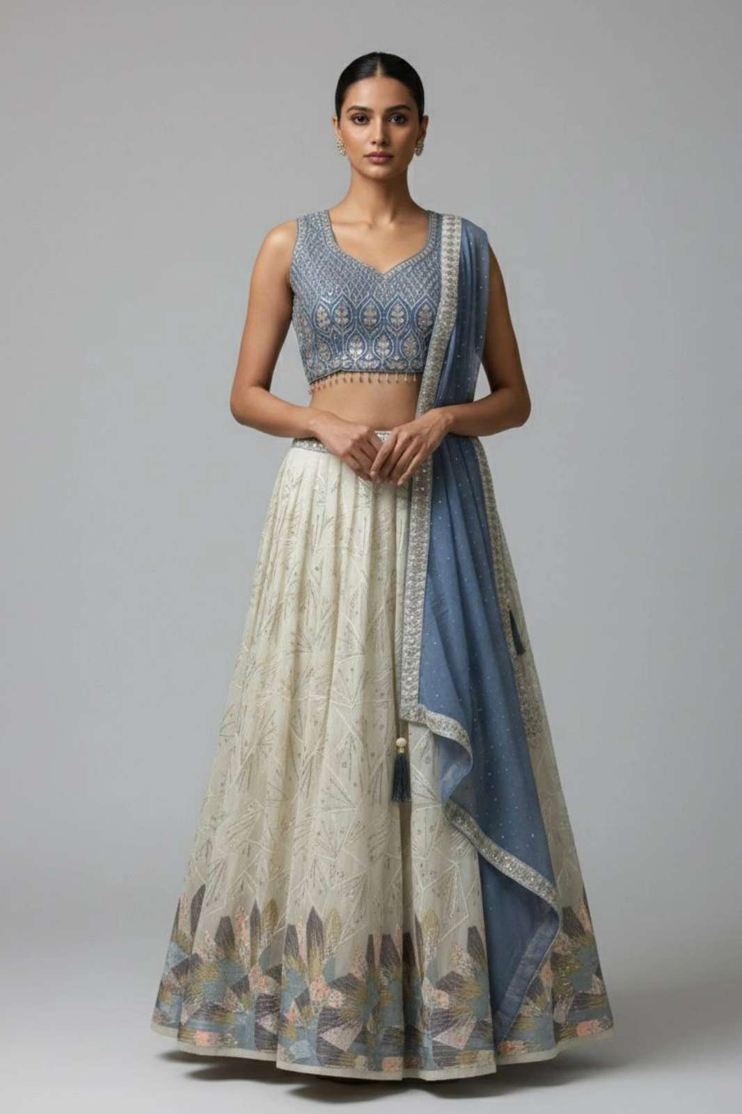 Shri Balaji Emporium White Contrast Georgette Lehenga with Embroidery Choli and 6 colors Sequence Work 