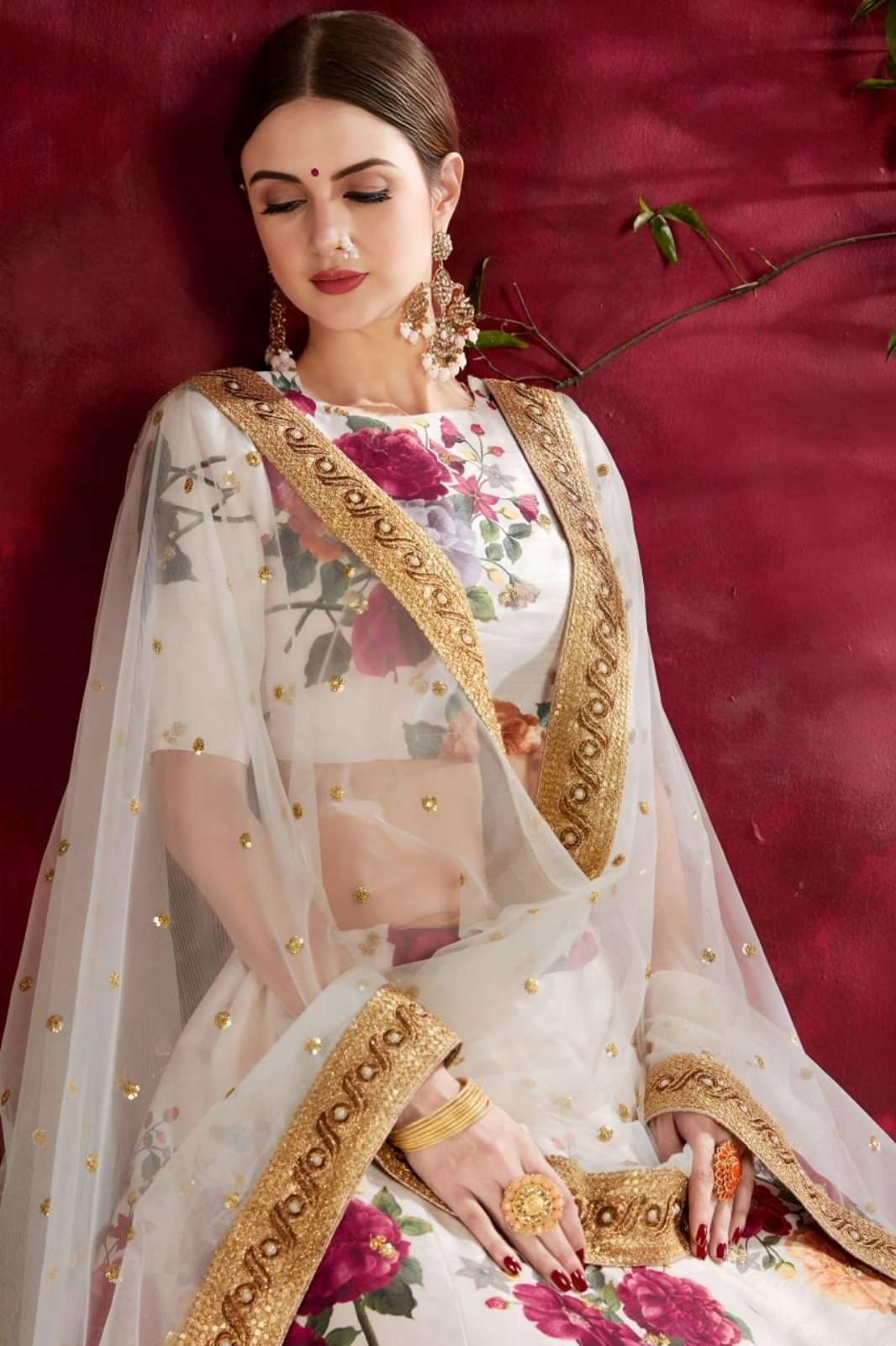 ZEEL 7501 Ivory Floral Designer Lehenga Set with Golden Border