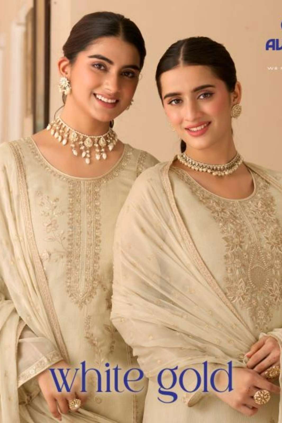 AVON WHITE GOLD ORGANZA LUREX TISSUE DESIGNER SALWAR SUIT