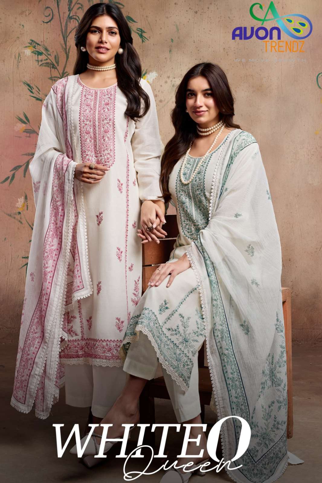 Avon WHITE O QUEEN Linen Dyed with Embroidery Designer Salwar Suit 