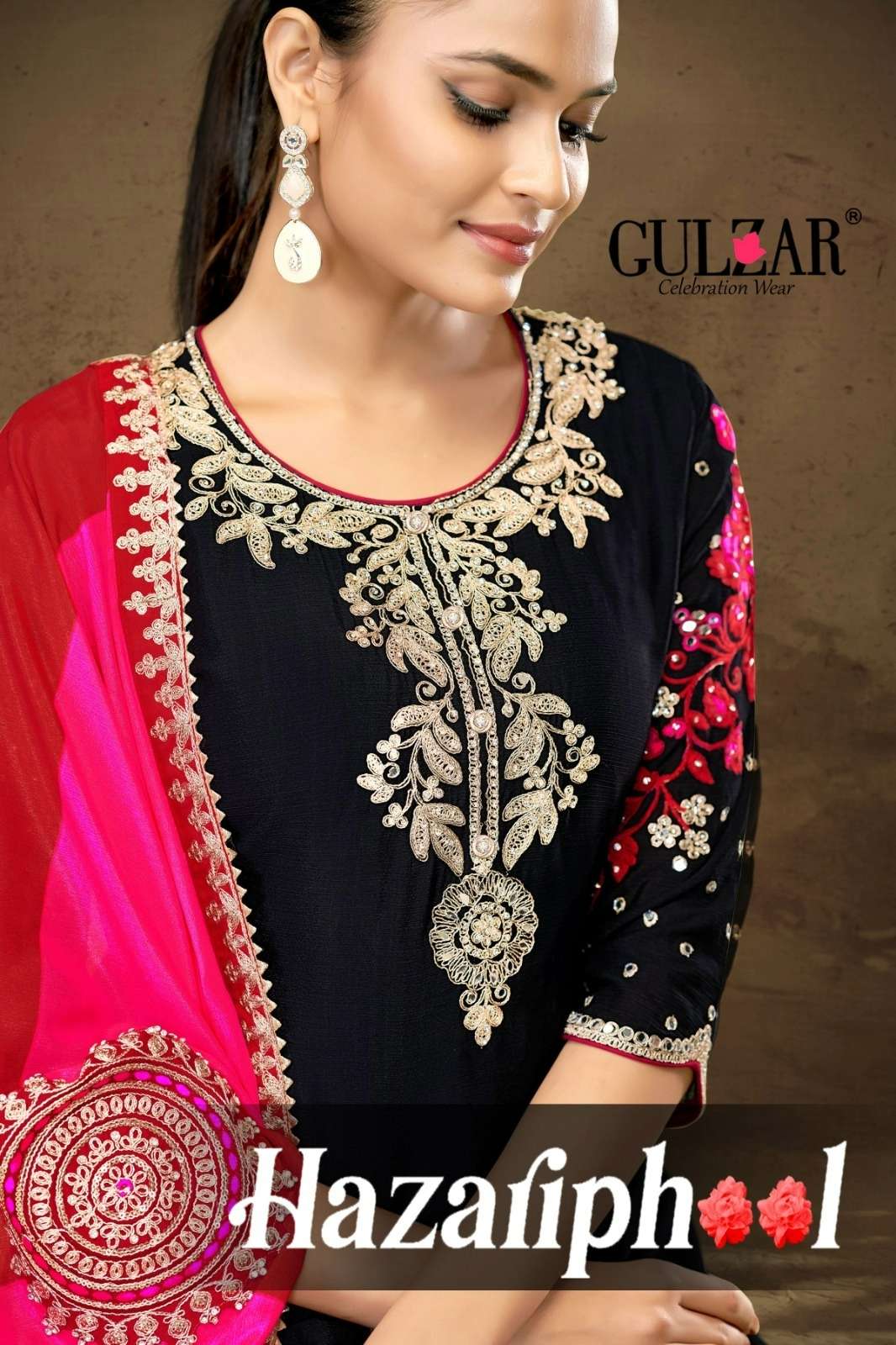 GULZAR Presents HAZARIPHOOL Chinnon Fabric Applique style thread and handmade mirror work embroidered Suit