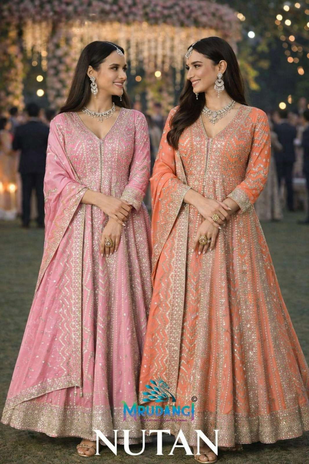 MRUDANGI PRESENT NUTAN REAL PREMIUM CHINON FABRIC READY TO WEAR WEDDING WEAR GOWN