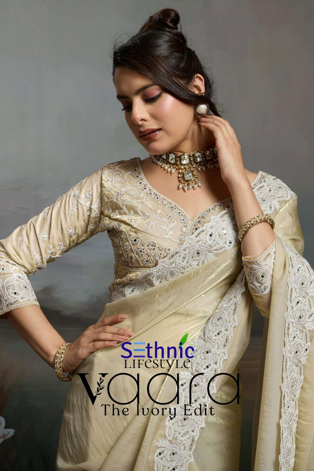 Sethnic Presents VAARA The Ivory Edit Satin Velvet Saree with ivory Embroidery & Handwork