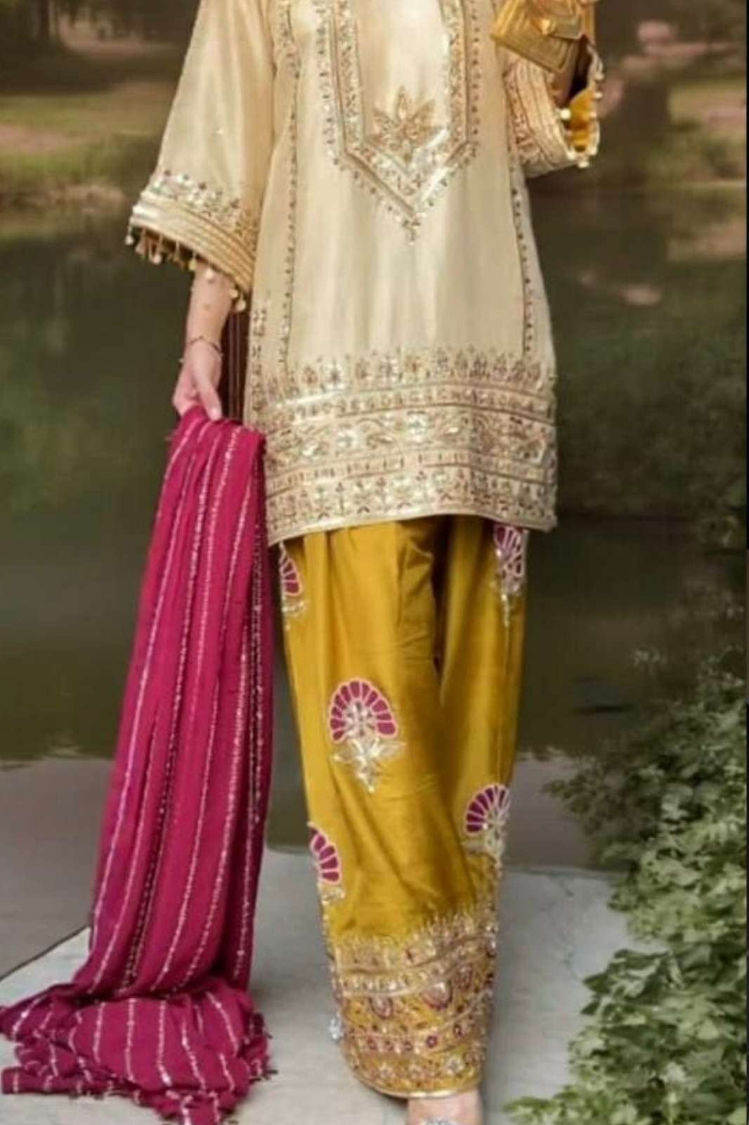 Shri Balaji Emporium 25590 NATURAL SILK HEAVY EMBROIDERED SEQUENCES WORK WITH SIKA LACE BORDER SUIT