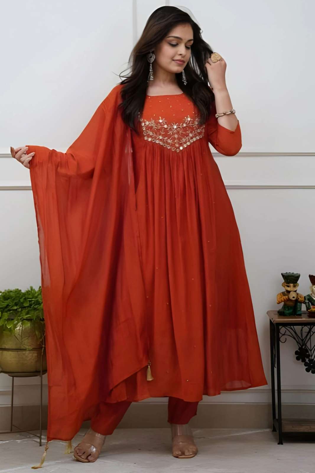 Shri Balaji Emporium 3009  Cambric Cotton Rust Orange Kurti And Pant With Dupatta