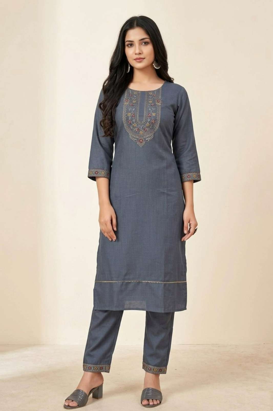 Shri Balaji Emporium 730kp Cotton Blend Grey Ethnic Motifs Yoke Designed Straight Kurta pant 