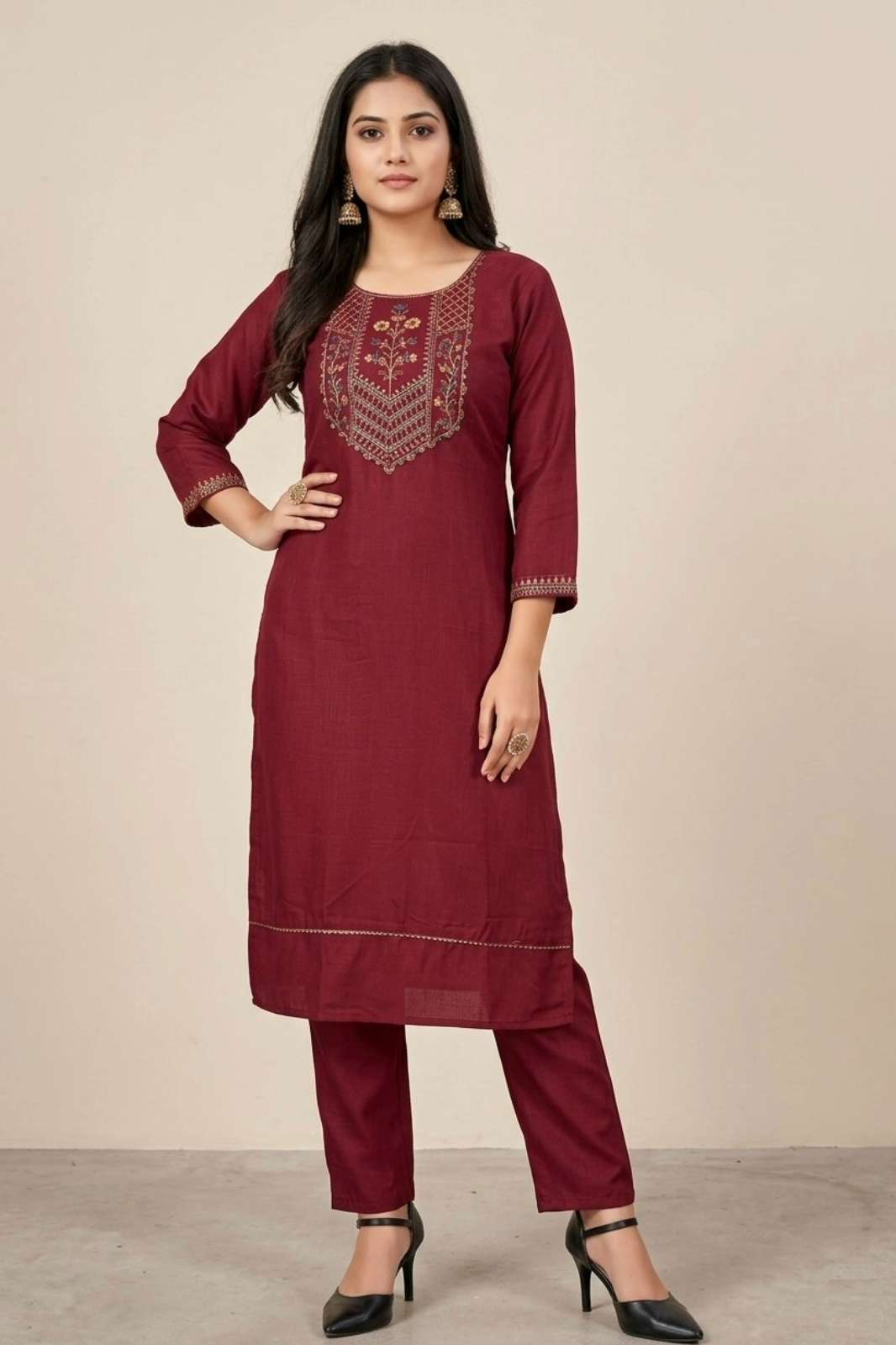 Shri Balaji Emporium 730kp Cotton Blend Maroon Ethnic Motifs Yoke Designed Straight Kurta pant 