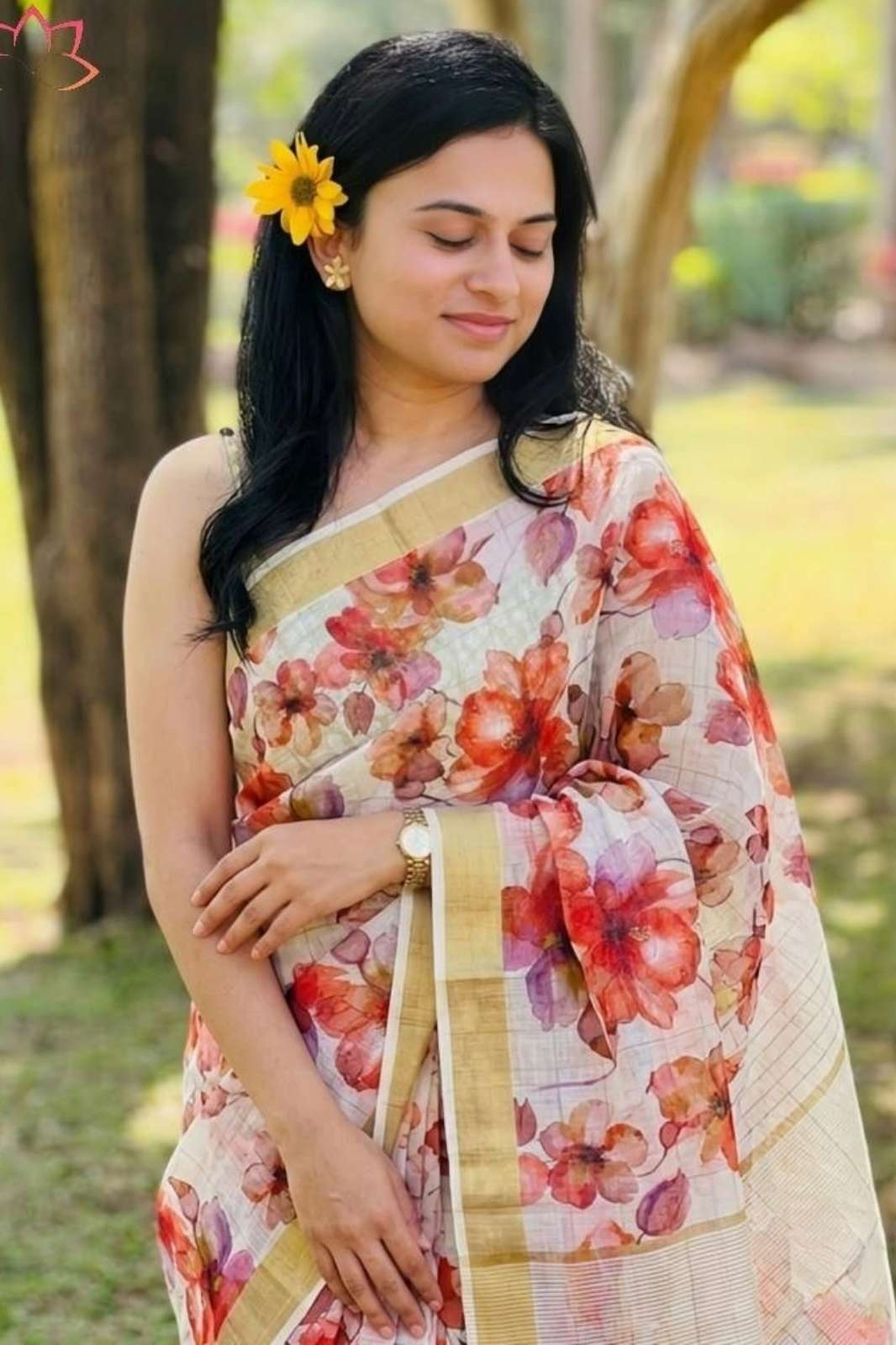 Shri Balaji Emporium MG656 Digital Printed Linen Saree with gold jari border 