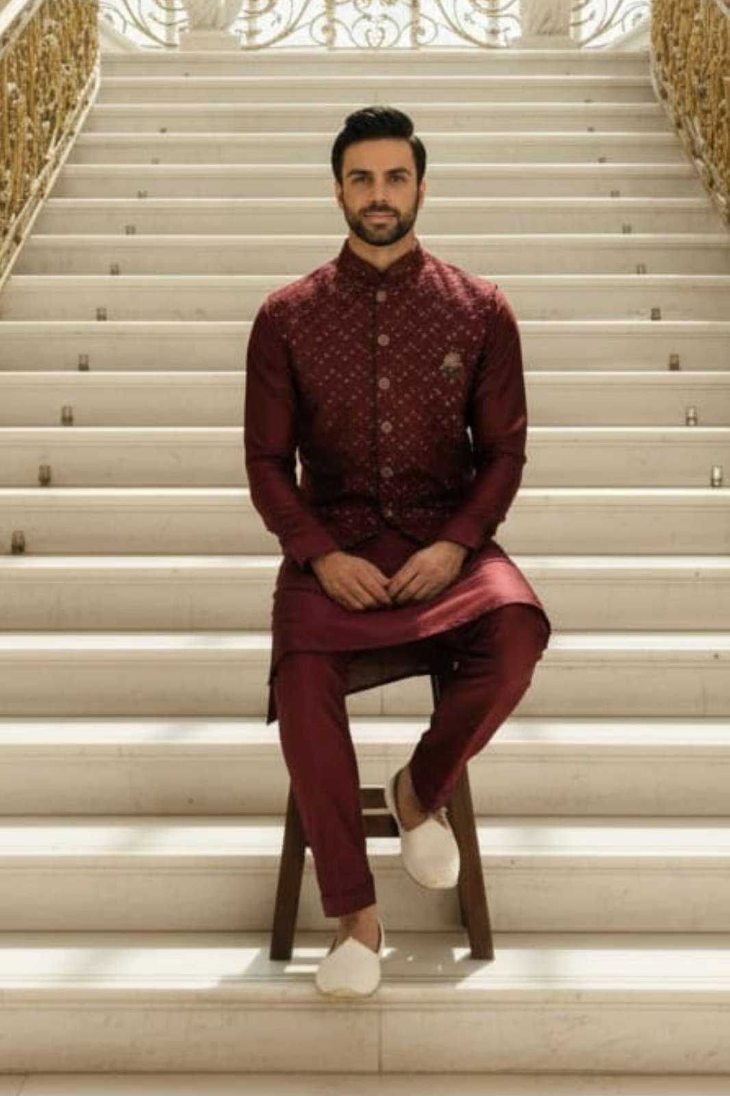 Shri Balaji Emporium Presents 196 Fancy Fabric Stylish Sequence with Fine Embroidered Mens Koti Kurta Set 