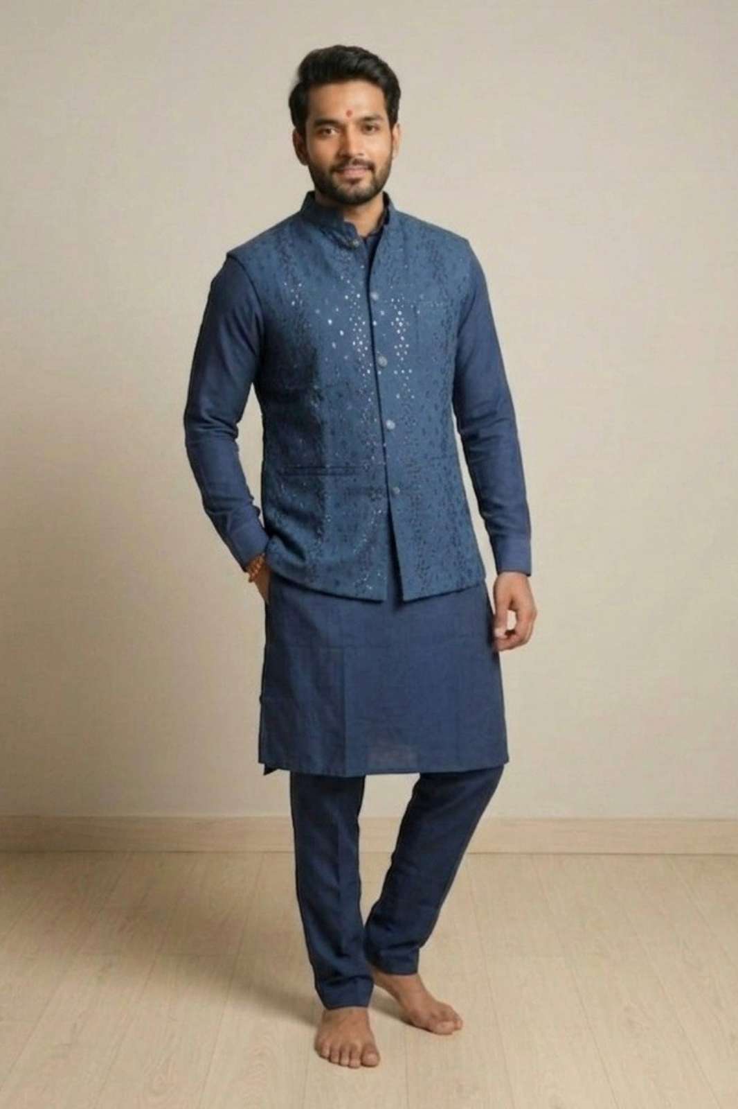 Shri Balaji Emporium Presents198 Fendy Fabric Stylish Sequence with Fine Embroidered Mens Koti Kurta Set 