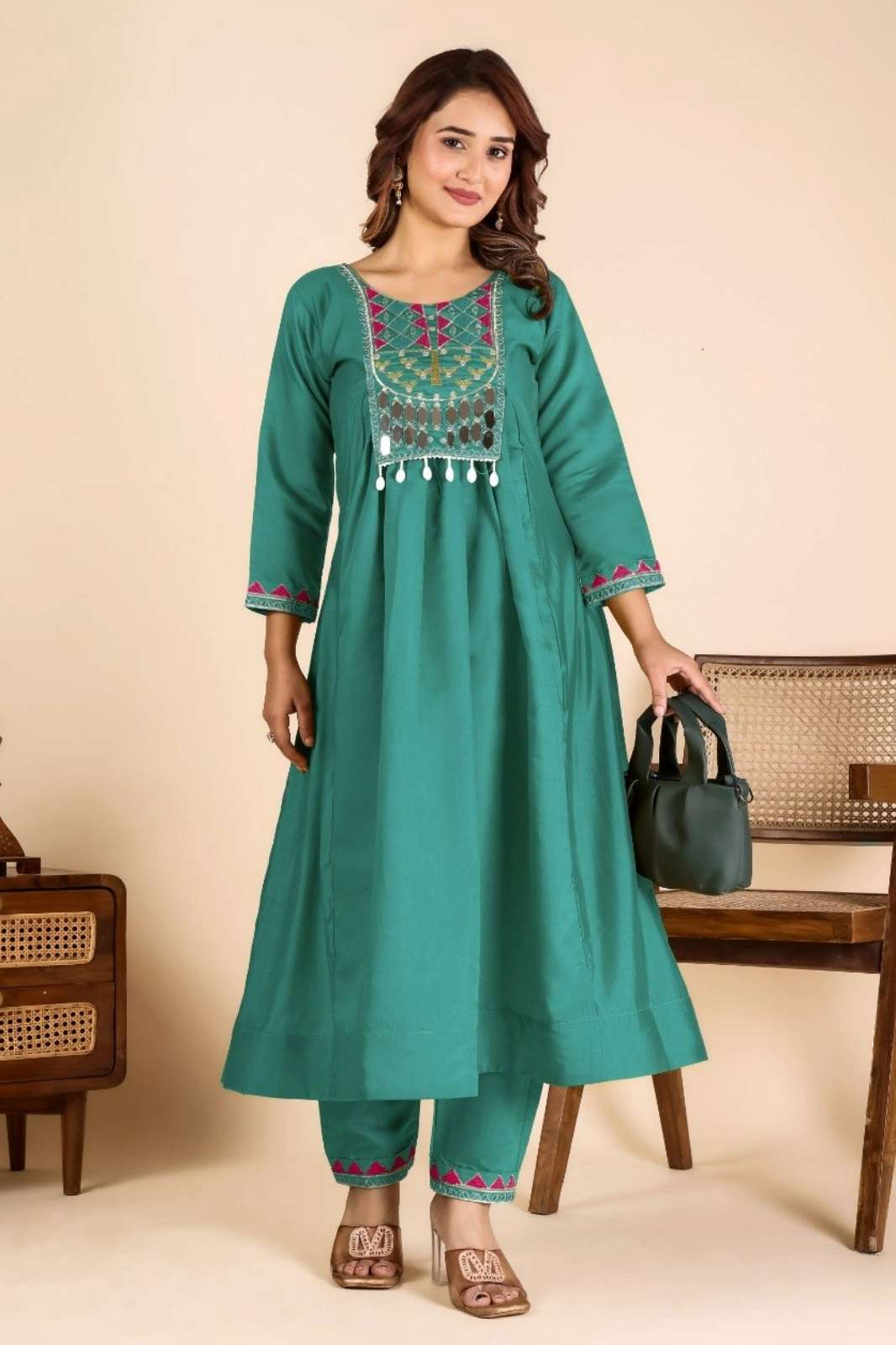Shri Balaji Emporium TF 408 Roman Fabric Real Mirror and Sequins work Kurti 