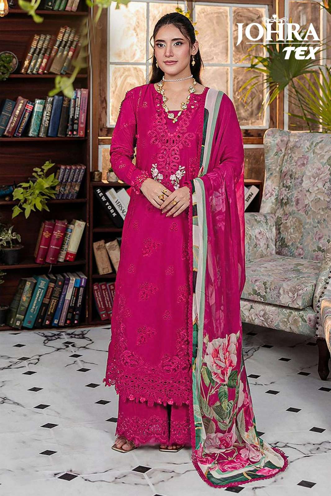 JOHRA TEX JT 184 C CAMBRIC COTTON PAKISTANI SUIT WITH CHIKANKRI EMBROIDERY WORK