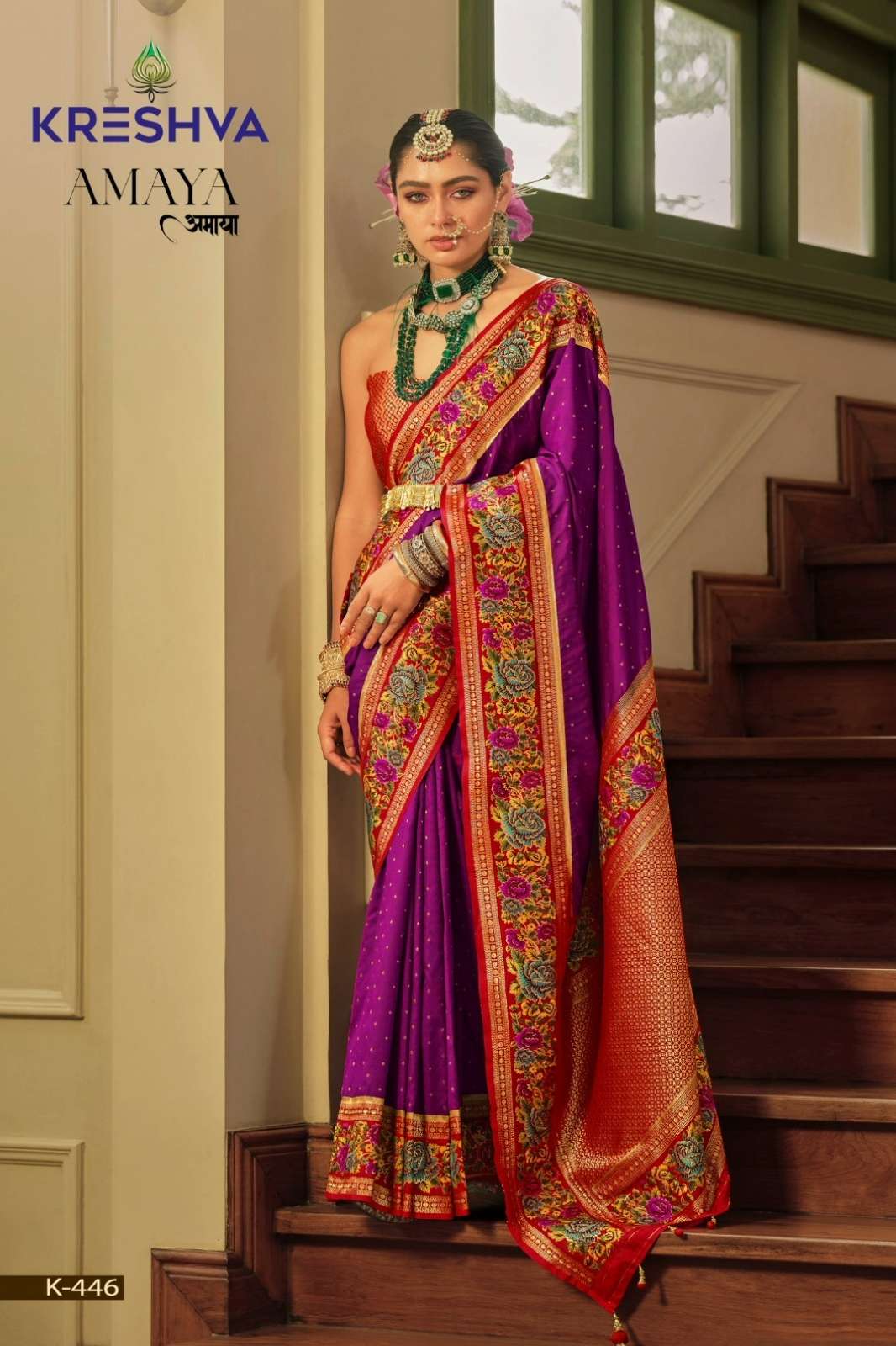 Kreshva presents Amaya Banarasi P V Silk Saree With Jacquard Weaving Butti with Heavy Menakari Border