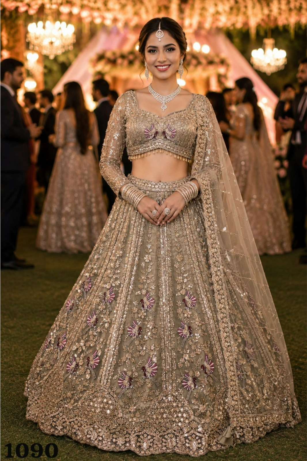 MRUDANGI PRESENT PUSHTIE PREMIUM NET FABRIC READY TO WEAR EMBROIDERED LEHENGA