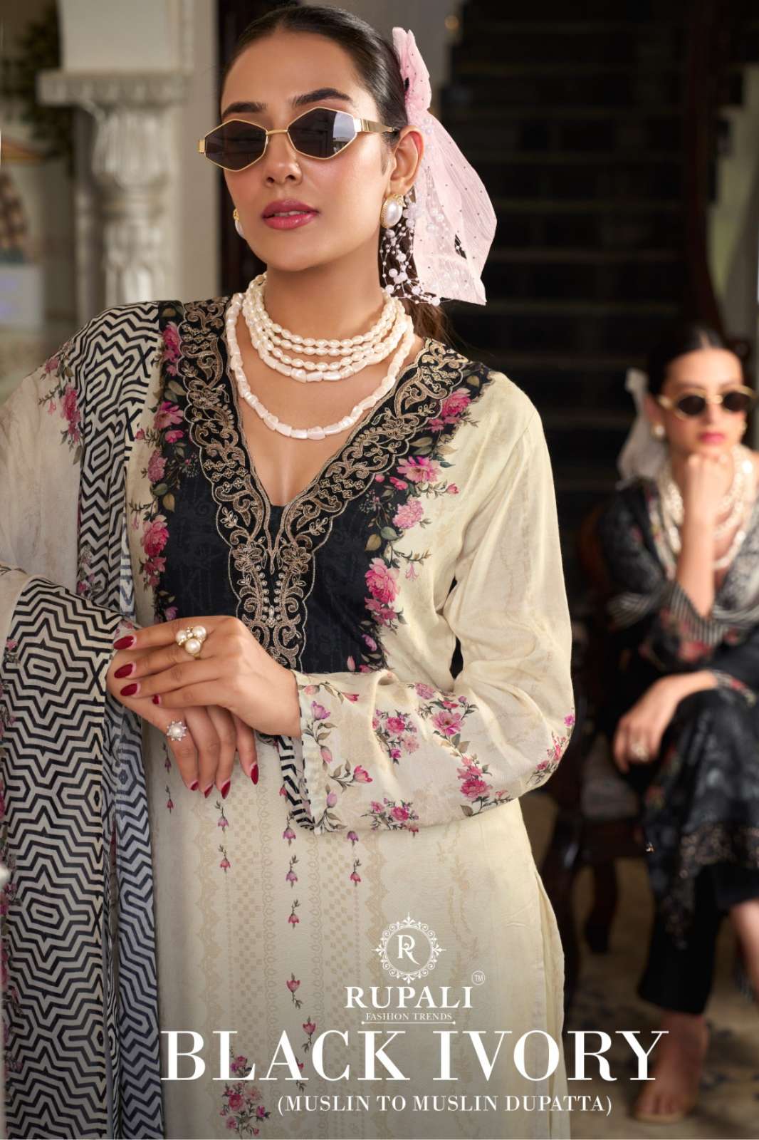 Rupali BLACK IVORY Muslin Digital Printed with Neck Embroidery Designer Salwar Suit