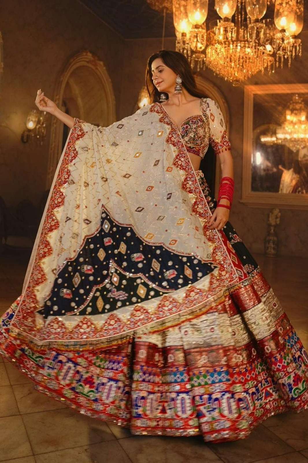 Shri Balaji Emporium 21960 Silk Fabric Fancy Digital Print and Real Mirror Work Navratri special Lehenga 