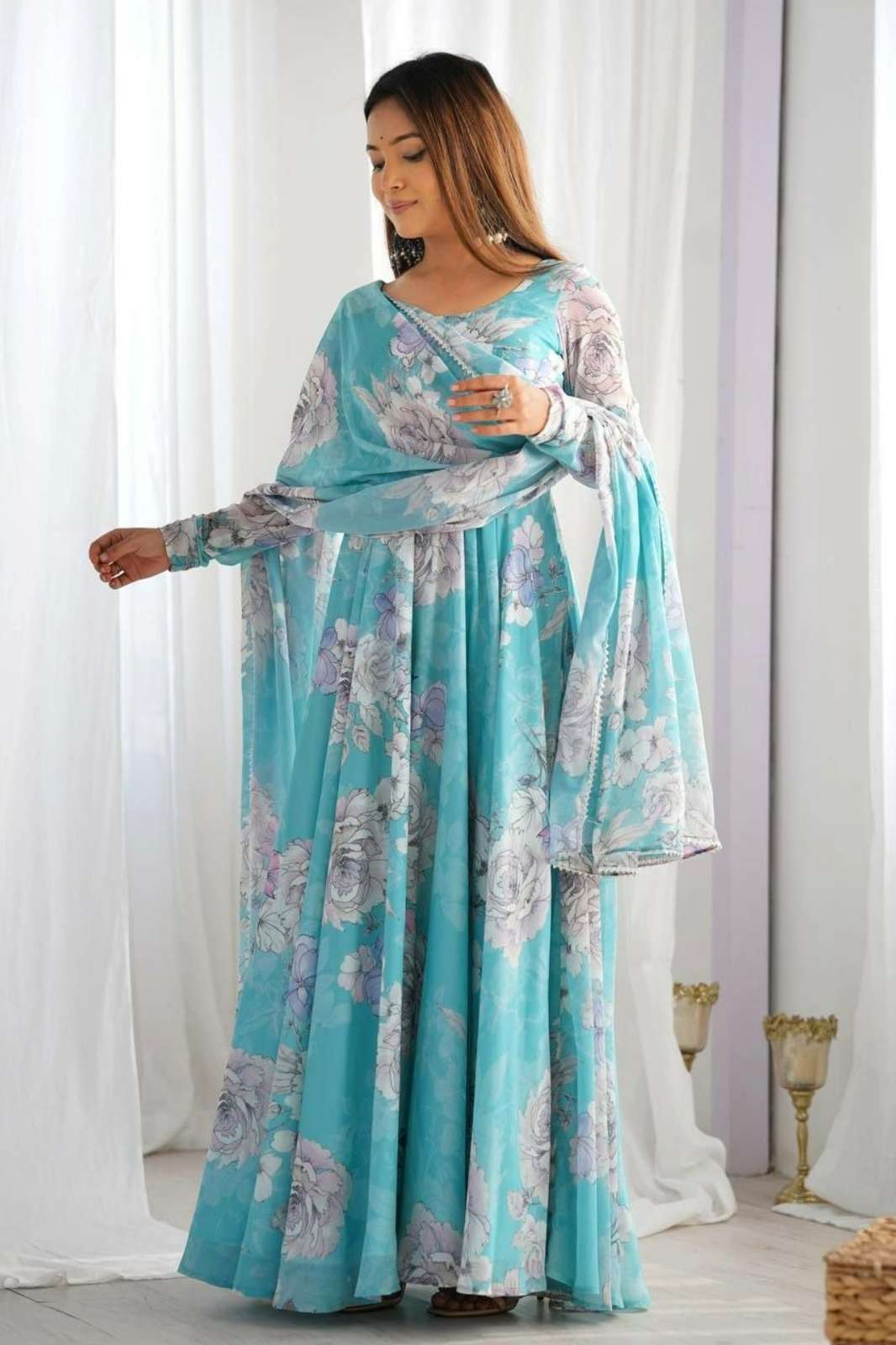 Shri Balaji Emporium 21993 HEAVY FOX GEORGETTE FABRIC WITH FLORAL PRINTED BOADER AND FANCY LACE 