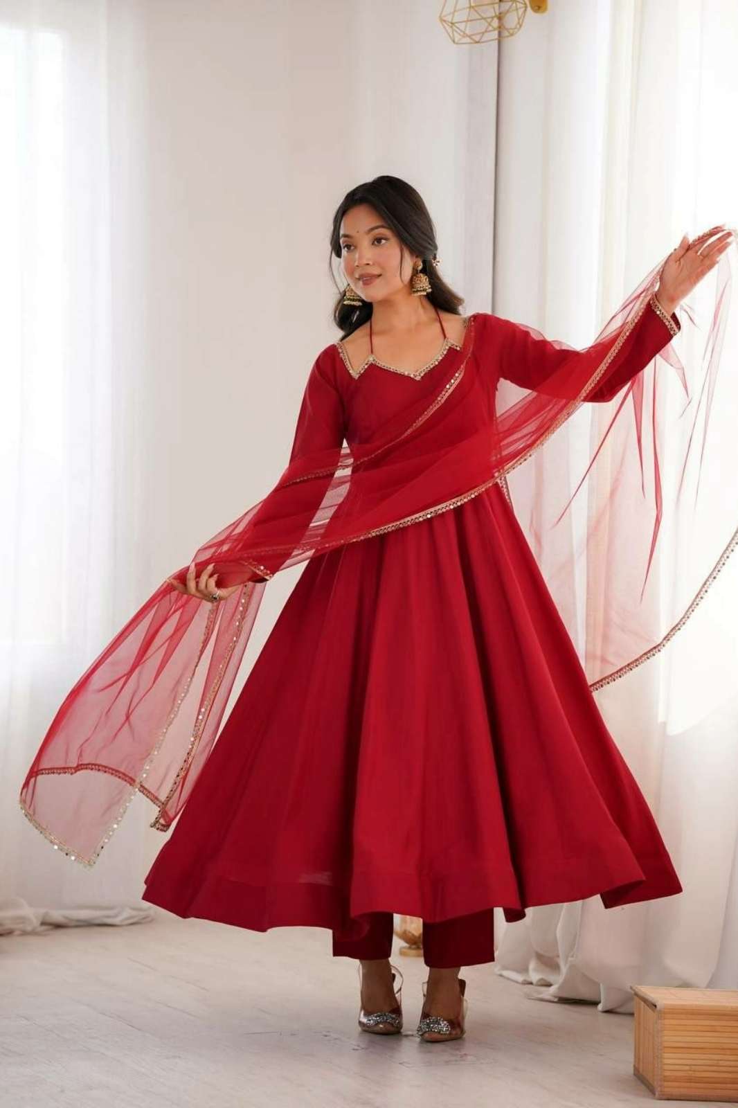 Shri Balaji Emporium 21994 HEAVY PURE ROMAN SILK CHANDERI FABRIC FANCY LACE WORK ANARKALI SUIT 