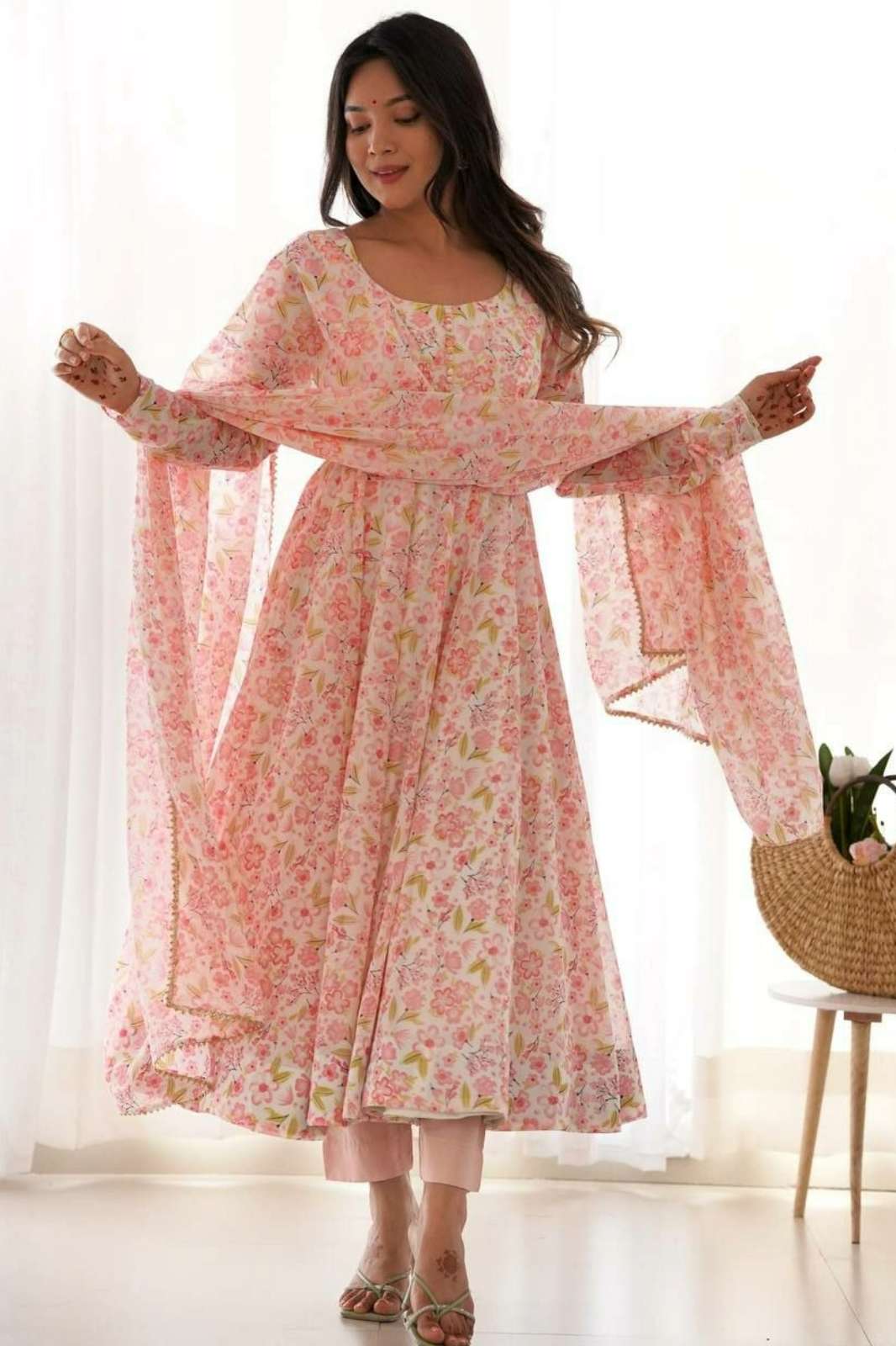 Shri Balaji Emporium 22122 Presents HEAVY ORANGE CHIFFON FLORAL PRINT ANARKALI SUIT