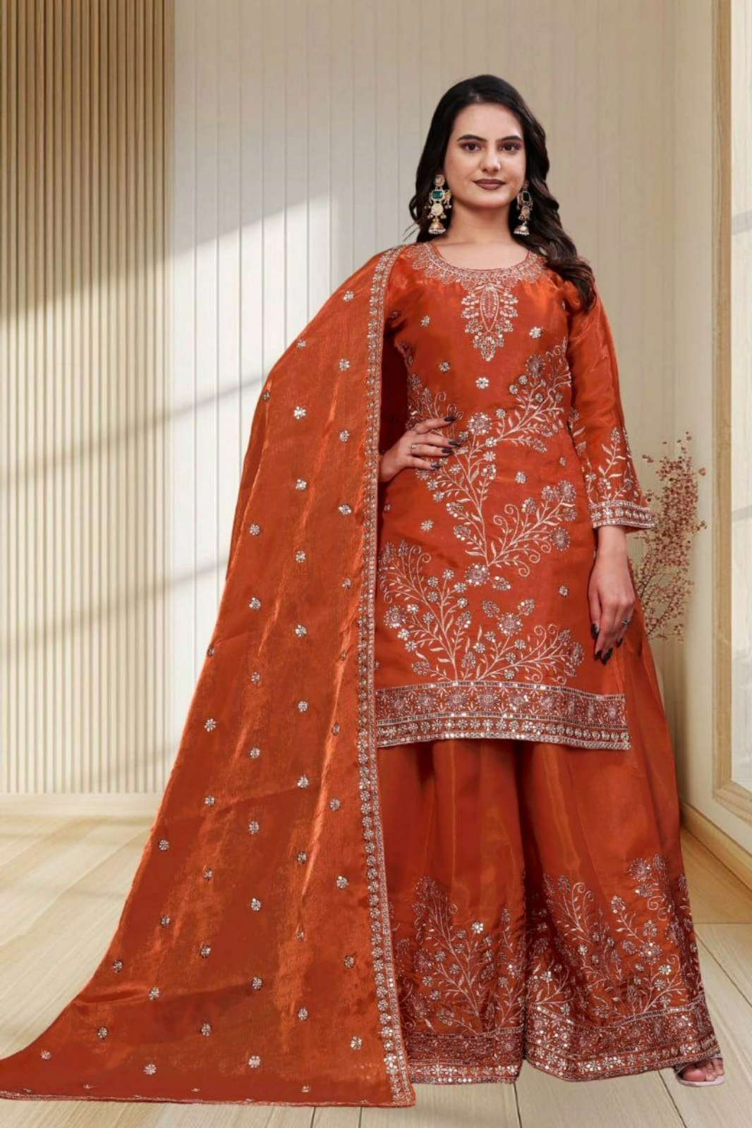 Shri Balaji Emporium 22154 BHAGVA RAND FENDY SILK FABRIC SUIT WITH SEQUENCE EMBROIDERY WORK