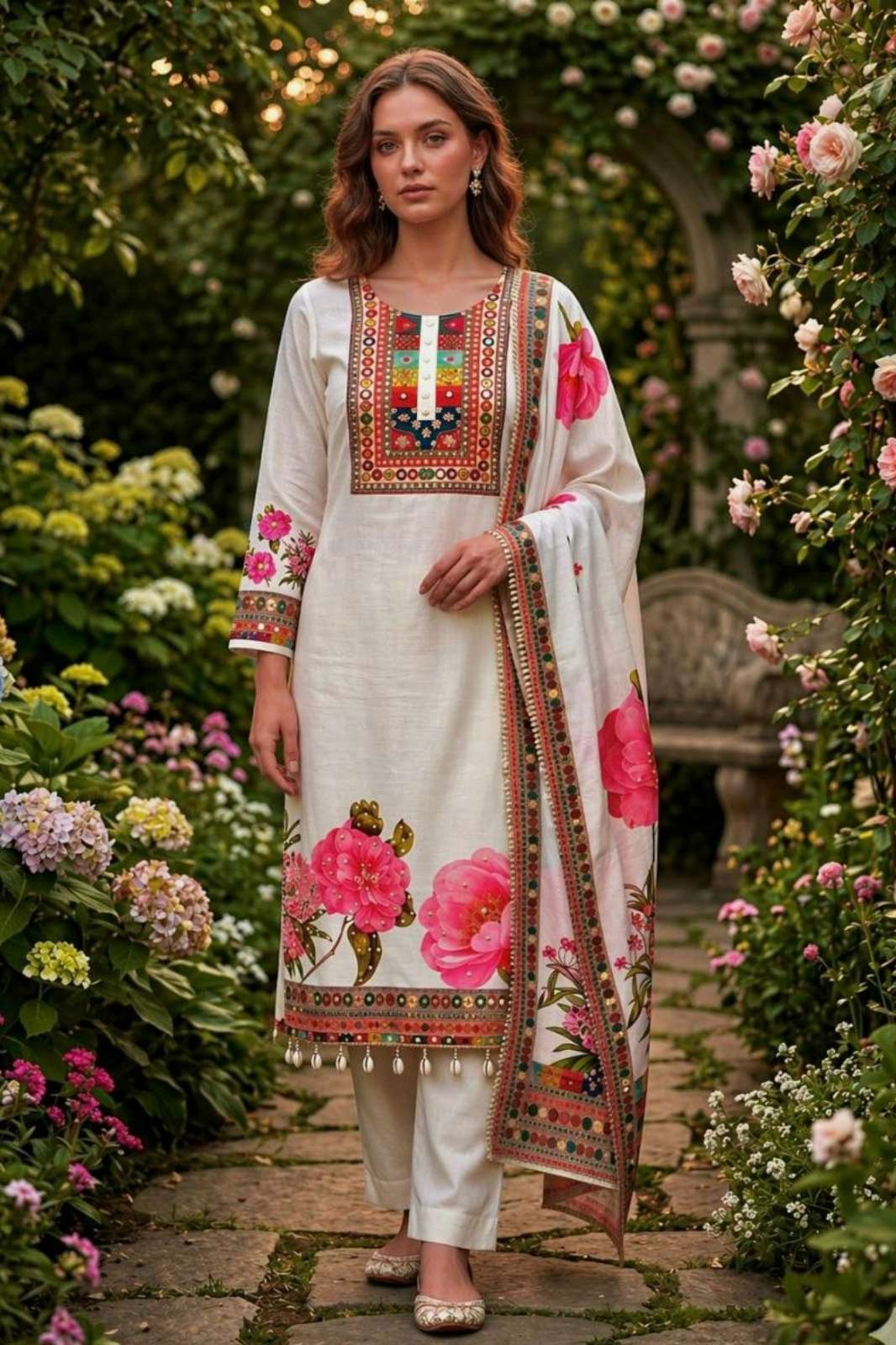 Shri Balaji Emporium 22155 HEAVY MUSLIN COTTON FABRIC SUIT WITH PRINT WORK AND REAL MIRROR WITH STONE HAND WORK