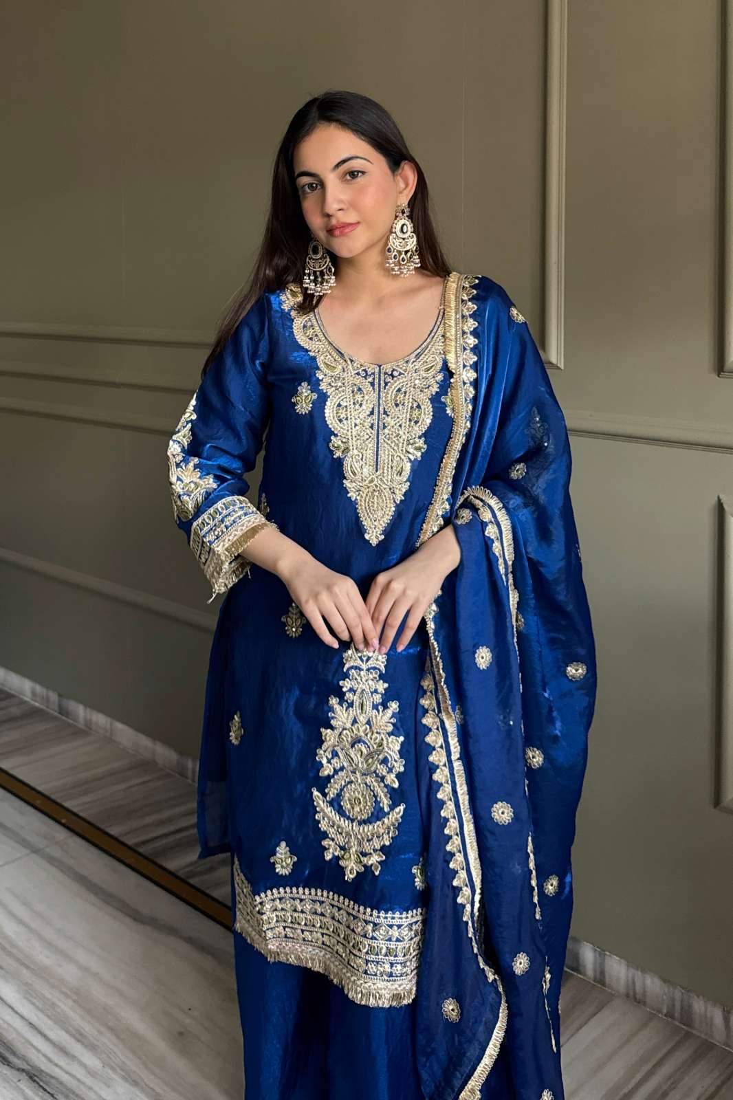 Shri Balaji Emporium 22326 Fendi Satin Suit with Embroidery Work With Lace Border