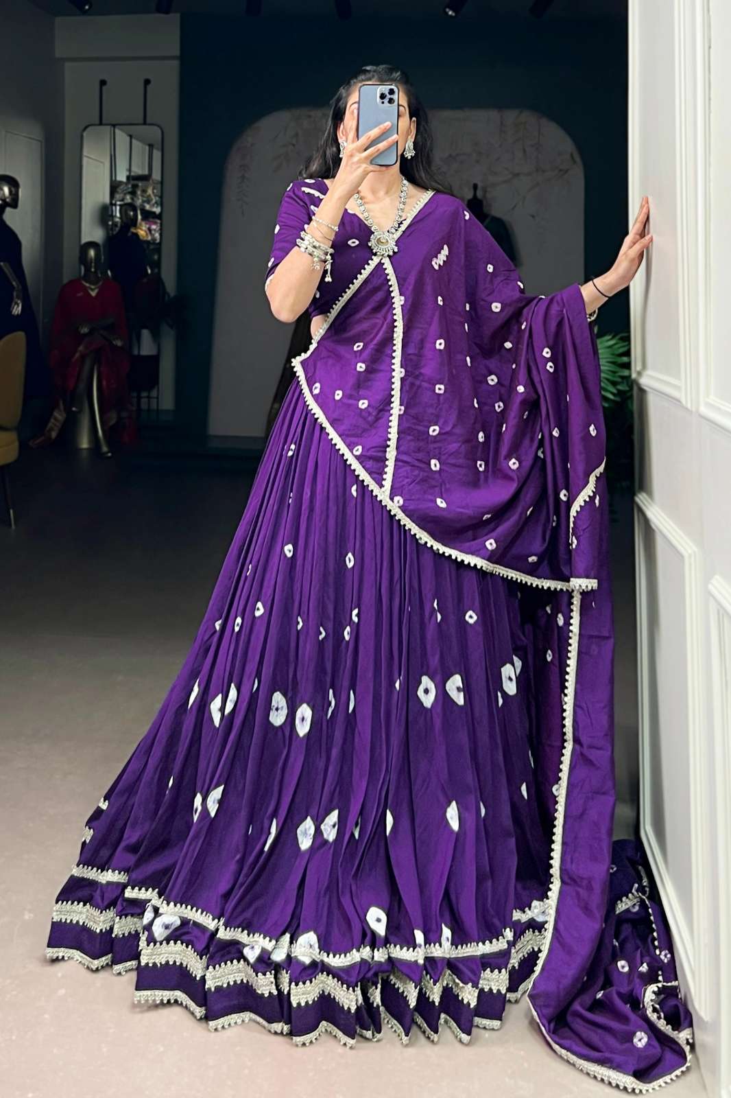 SHRI BALAJI EMPORIUM 22599 CHANDERI SILK FABRIC LEHENGA WITH BANDHEJ PRINT AND LACE WORK