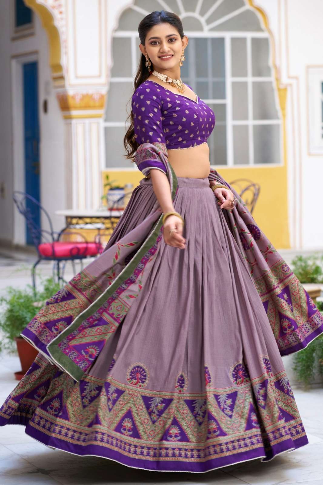 SHRI BALAJI EMPORIUM 22601 TASSAR SILK FABRIC PRINTED LEHENGA WITH LACE WORK