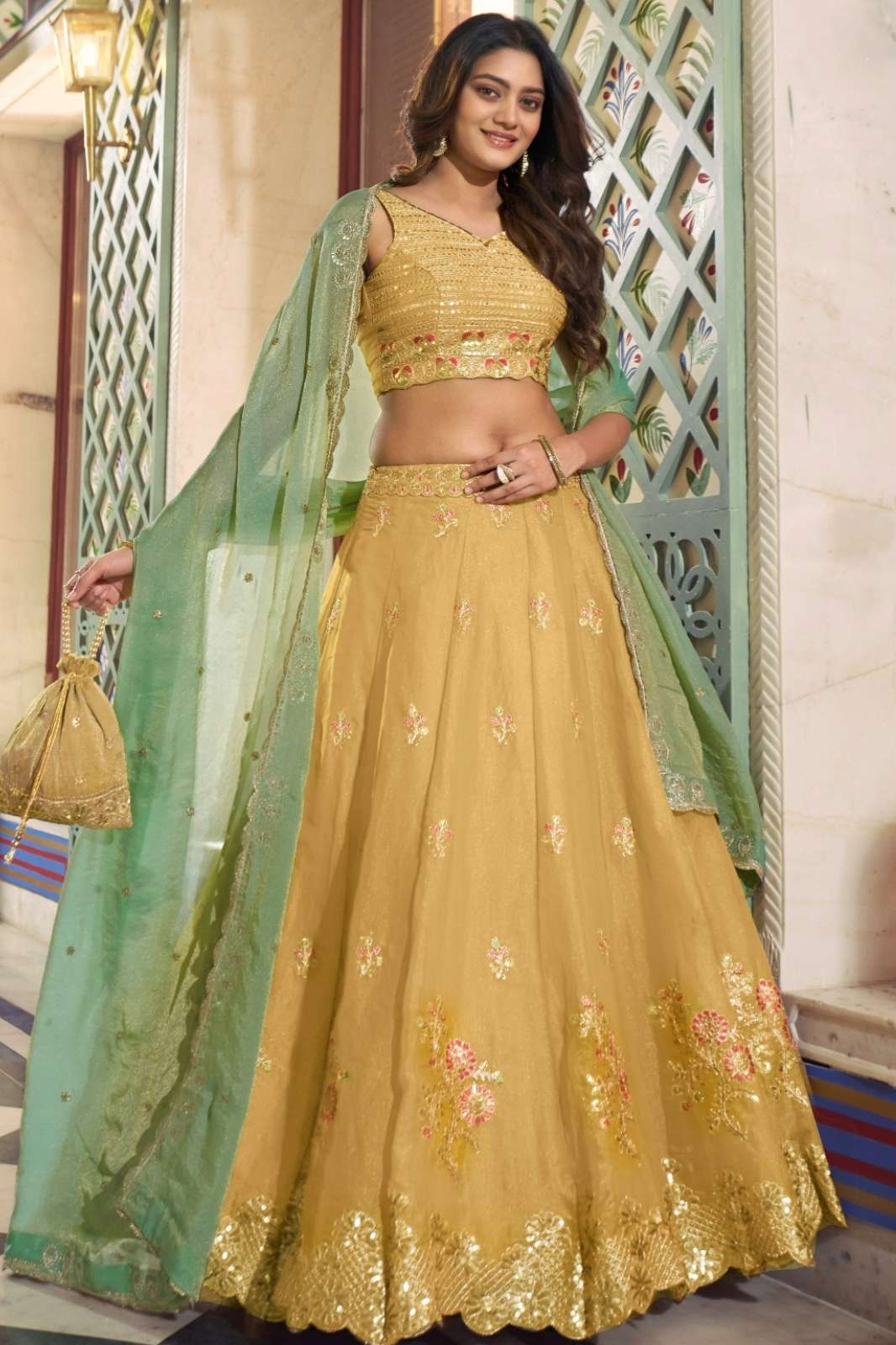 SHRI BALAJI EMPORIUM 22608 NC Moss Silk fabric Lehenga with Sequins and Thread Embroidery 