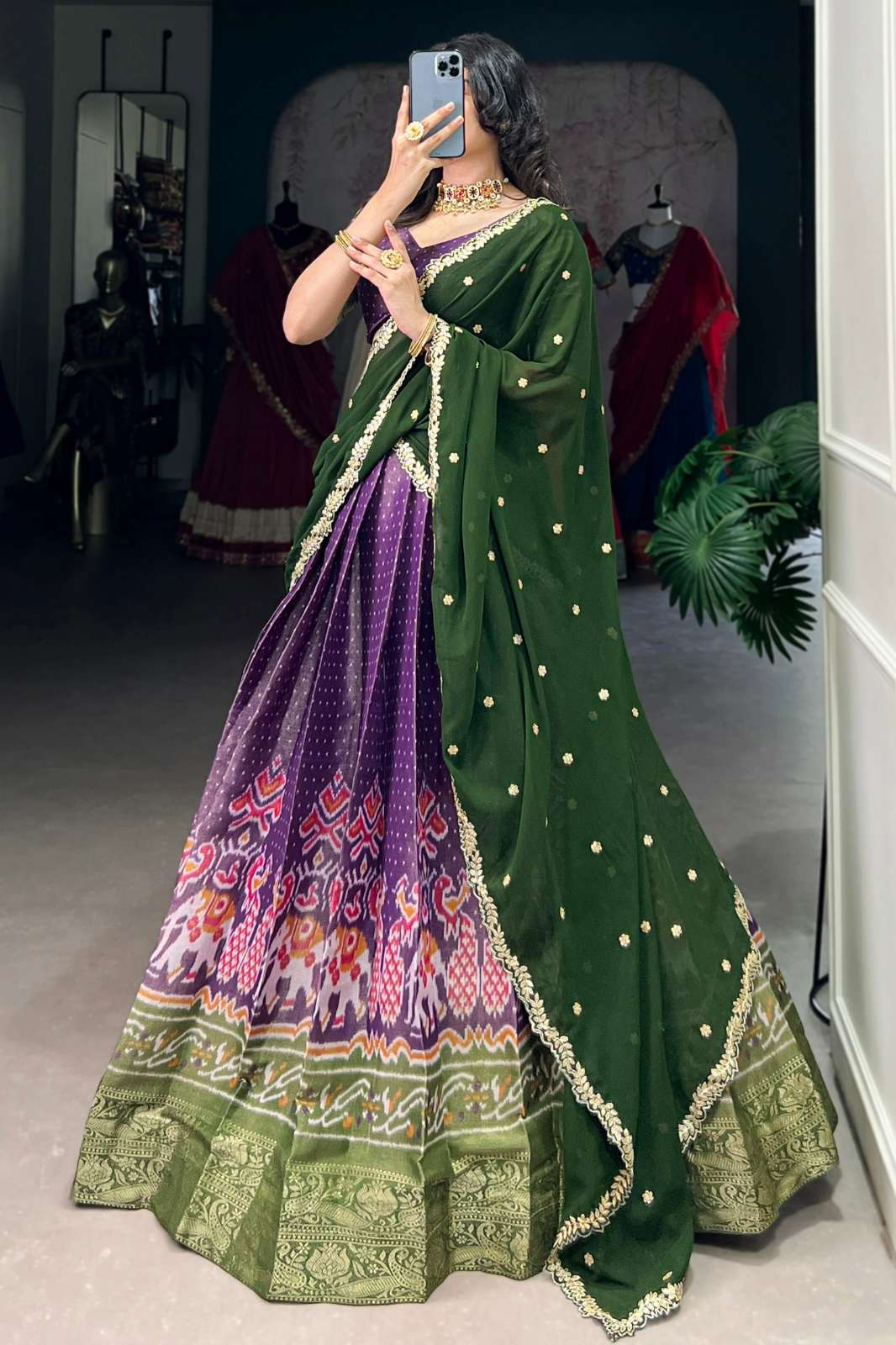 SHRI BALAJI EMPORIUM 22609 Kanchipuram fabric Printed Lehenga With Zari Weaving Work