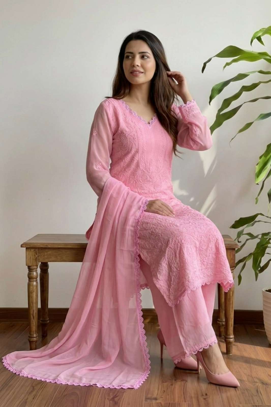 Shri Balaji Emporium 3012 Pastel Pink Georgette Chikankari Embroidery kurti with pant