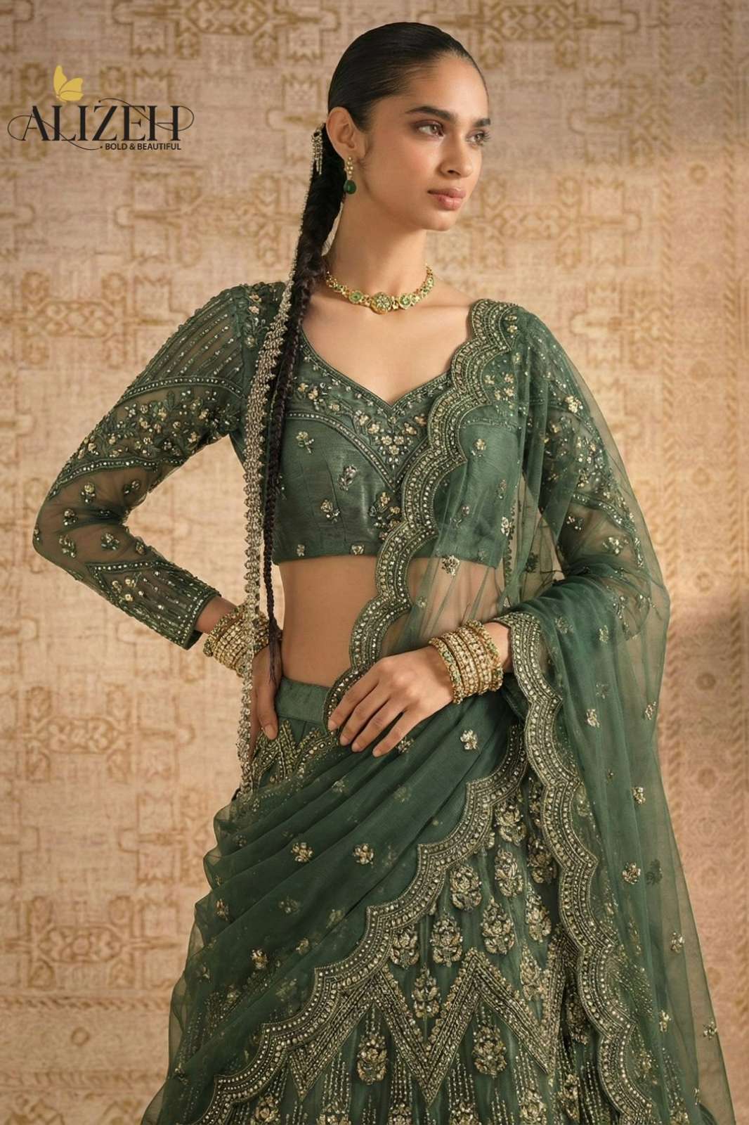 ALIZEH 1084 COLOURS BUTTERFLY NET HEAVY WORK LEHENGA 