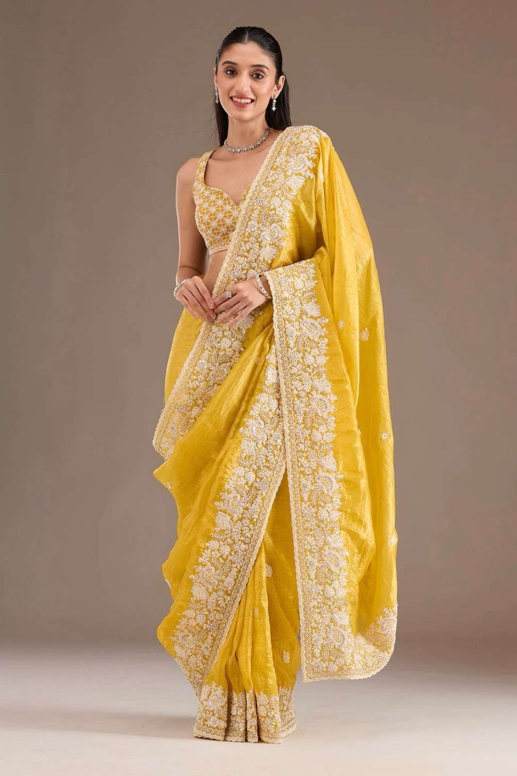 Shri Balaji Emporium BT 1265 Premium Gold Crush Saree with Heavy Embroidery Codding & Sequins Work