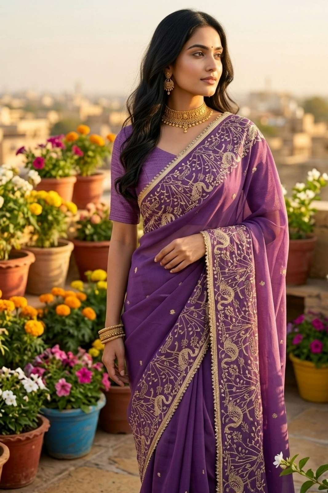 Shri Balaji Emporium BT 446 Star Geogette Saree with Designer Zari and Thread Embroidery Work 