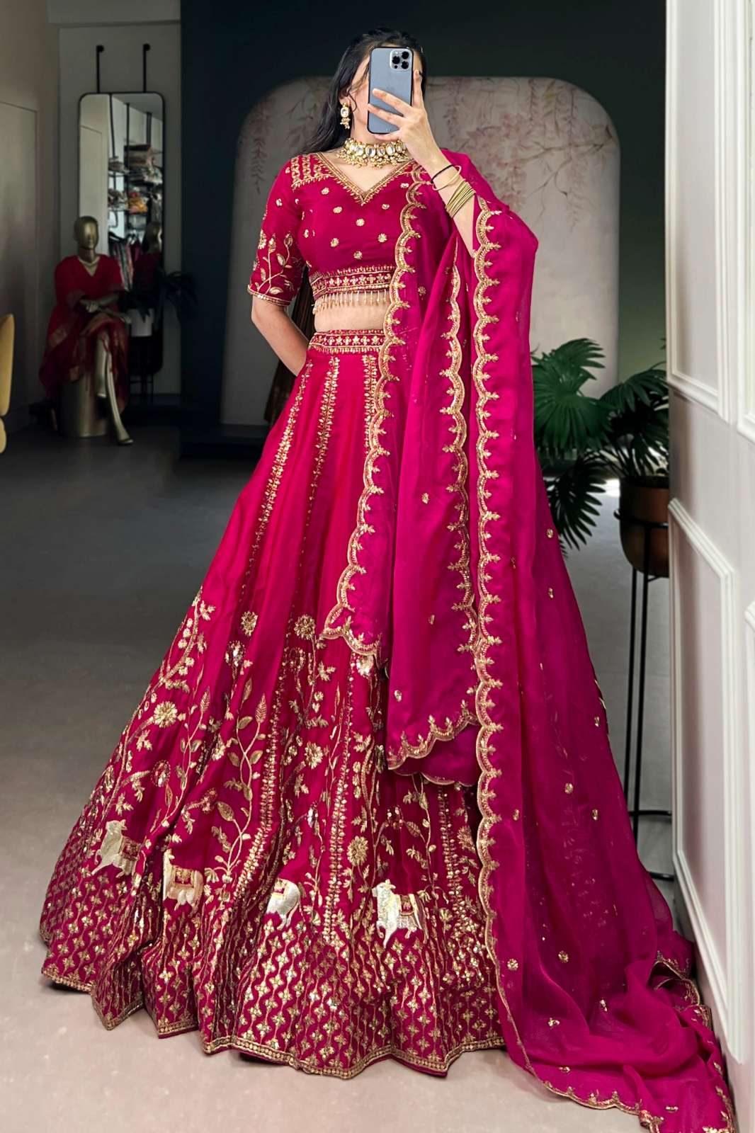 Shri Balaji Emporium LNB1459RPI Natural Silk Sequins and Thread Embroidery Work Lehenga 