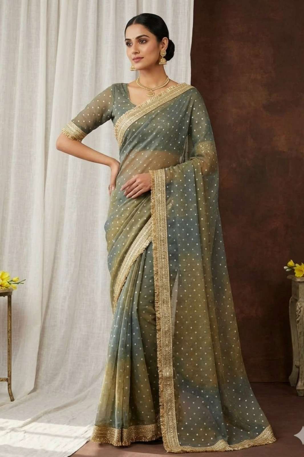 Shri Balaji Emporium Manali Silk Two Tone Saree With All over weaving zari butti 