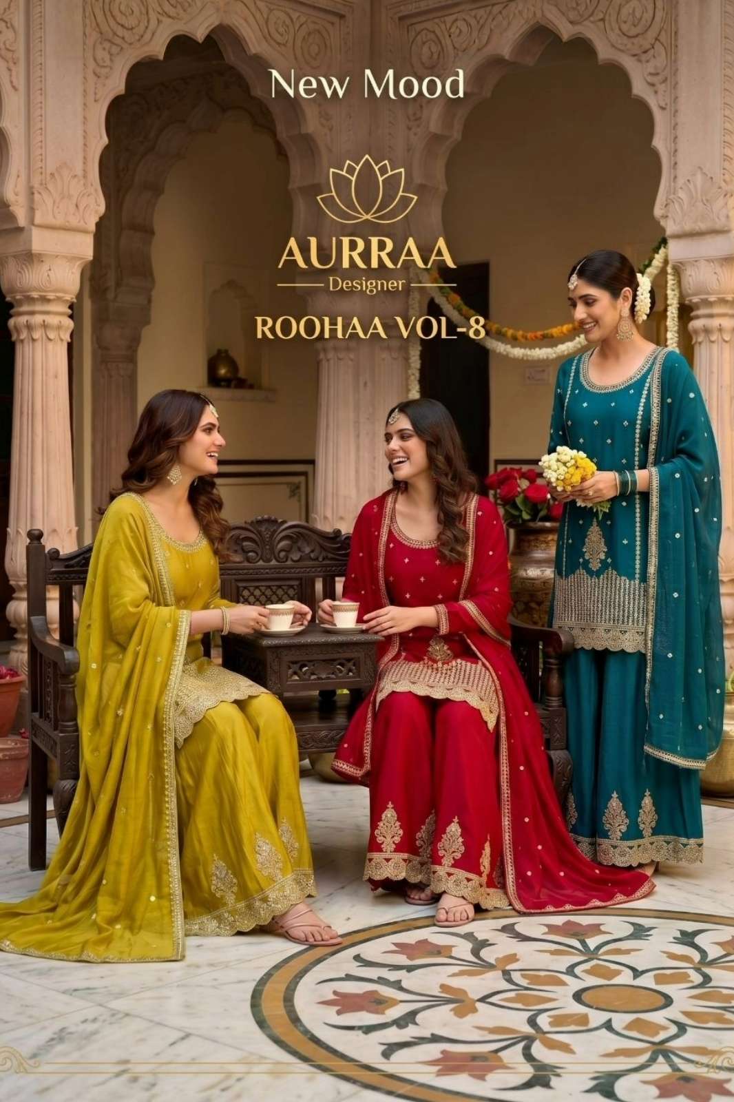 Shri Balaji Emporium ROOHAA VOL 8 READYMADE PREMIUM  CHINON  SILK EMBROIDERED MIRROR WORK PLAZZO SUIT  