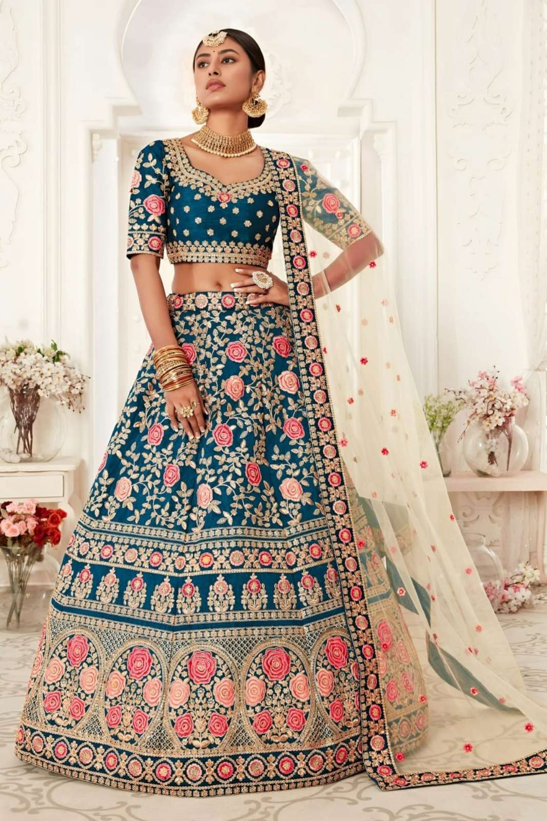 ZEEL 7703 Stunning Teal Blue Floral Designer Bridal Lehenga 