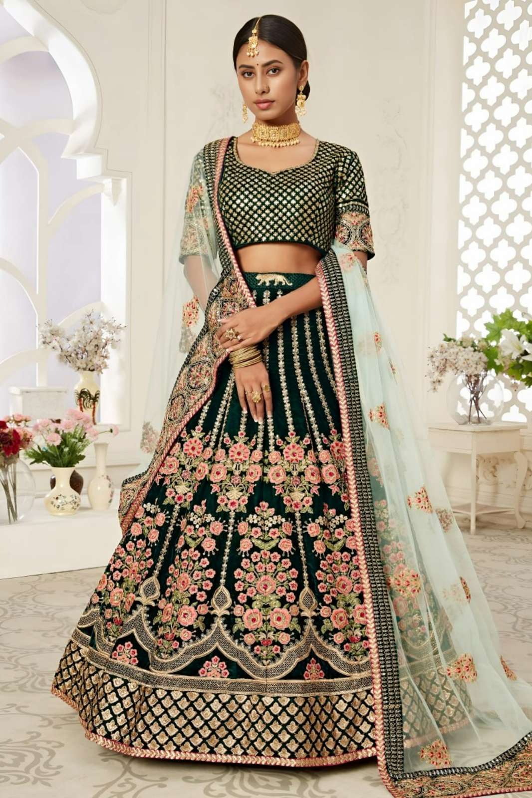 ZEEL 7708 Stunning Emerald Green Velvet Bridal Lehenga 