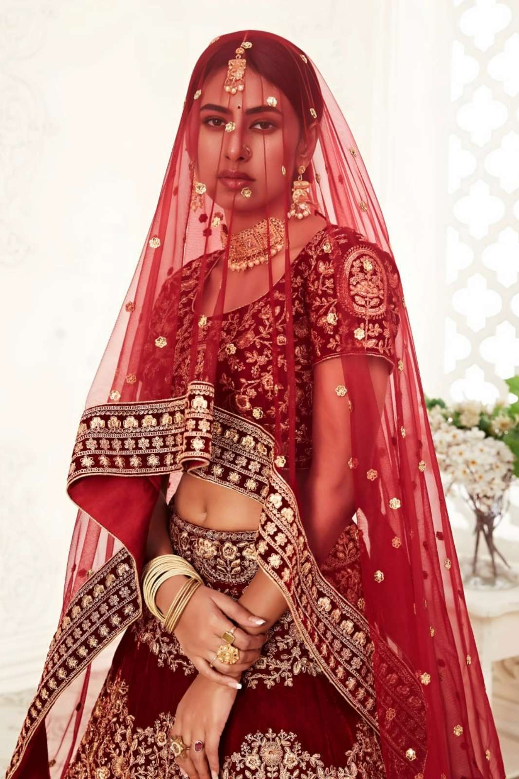 ZEEL 7710 Stunning Royal Maroon Zari Velvet Bridal Lehenga 