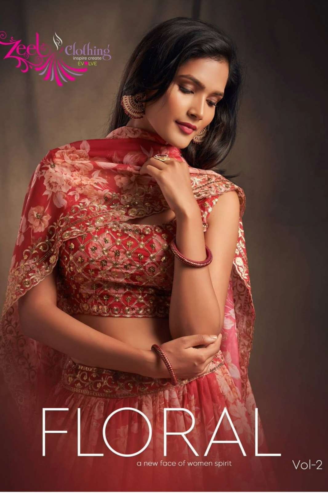  ZEEL PRESNTS FLORAL VOL 2  7611 TO 7619 ORGANZA FABRIC SEQUENCE AND ZARI EMBROIDERED LEHENGA 