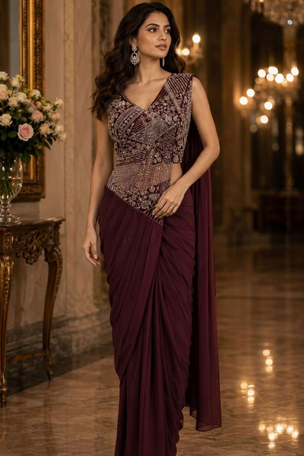 Amoha 102412 Ready to Wear Imported Lycra Saree with Embroidery Work