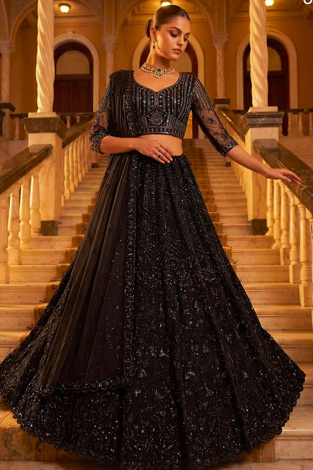 Anjani Arts 3037 Beautiful Premium Net Embroidered Wedding Wear Black Lehenga Choli