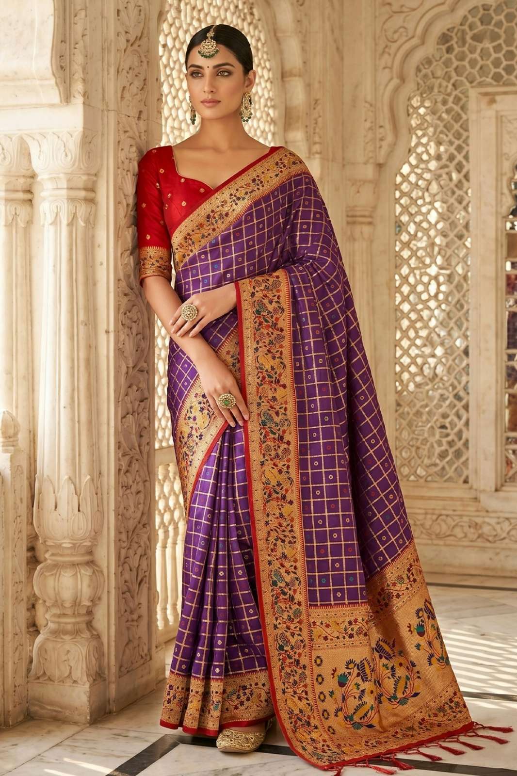 ASTITA Kalanidhi Silk Premium Banarasi Silk Saree with Elegant Zari Checks & Beautiful Floral Border