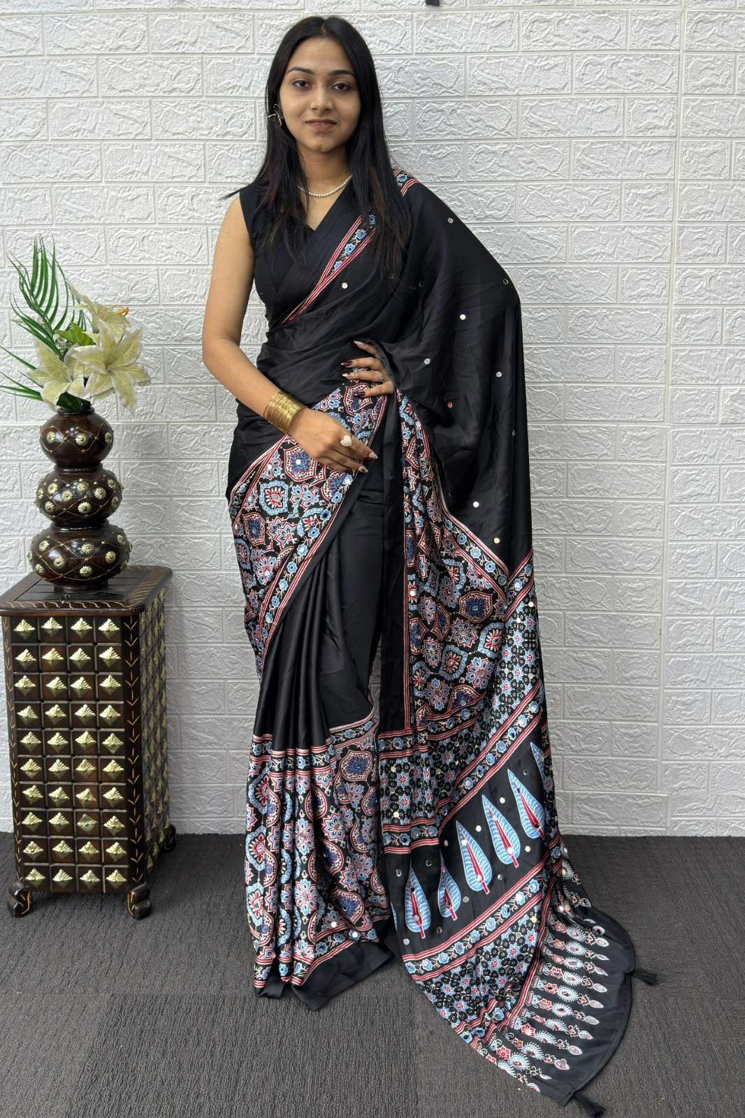 Balaji Emporium SF 23108 Premium Japan Satin Silk Mirror Work Printed Saree