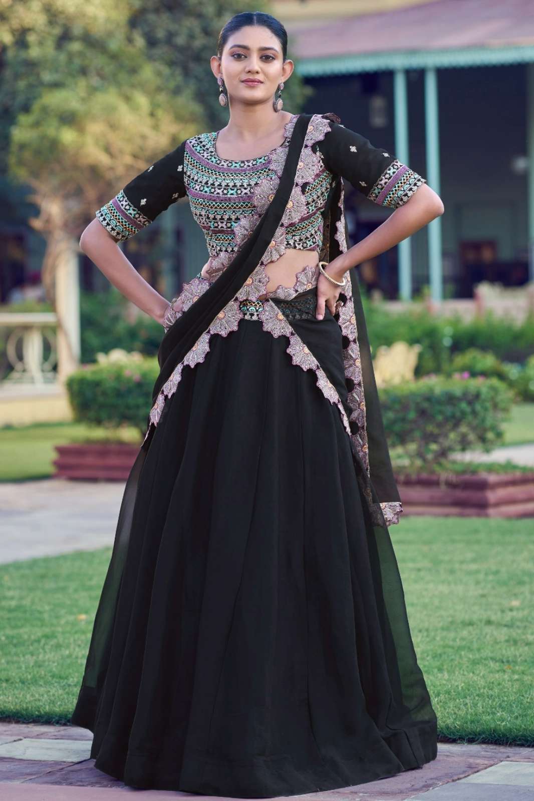 Crazycloths 23013 Georgette Sequins & Embroidery Work Black Navratri Lehenga Choli