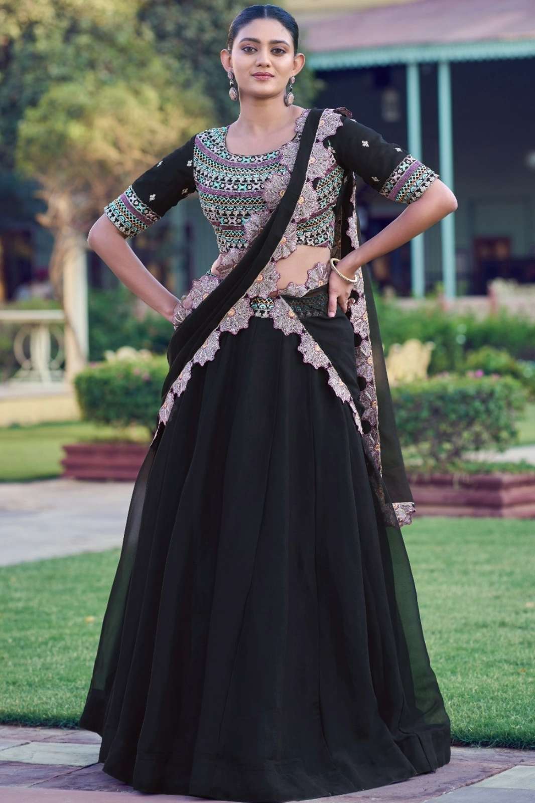 Crazycloths 23013 Micro Crepe Mirror Work & Gamthi Work Black Navratri Lehenga Choli