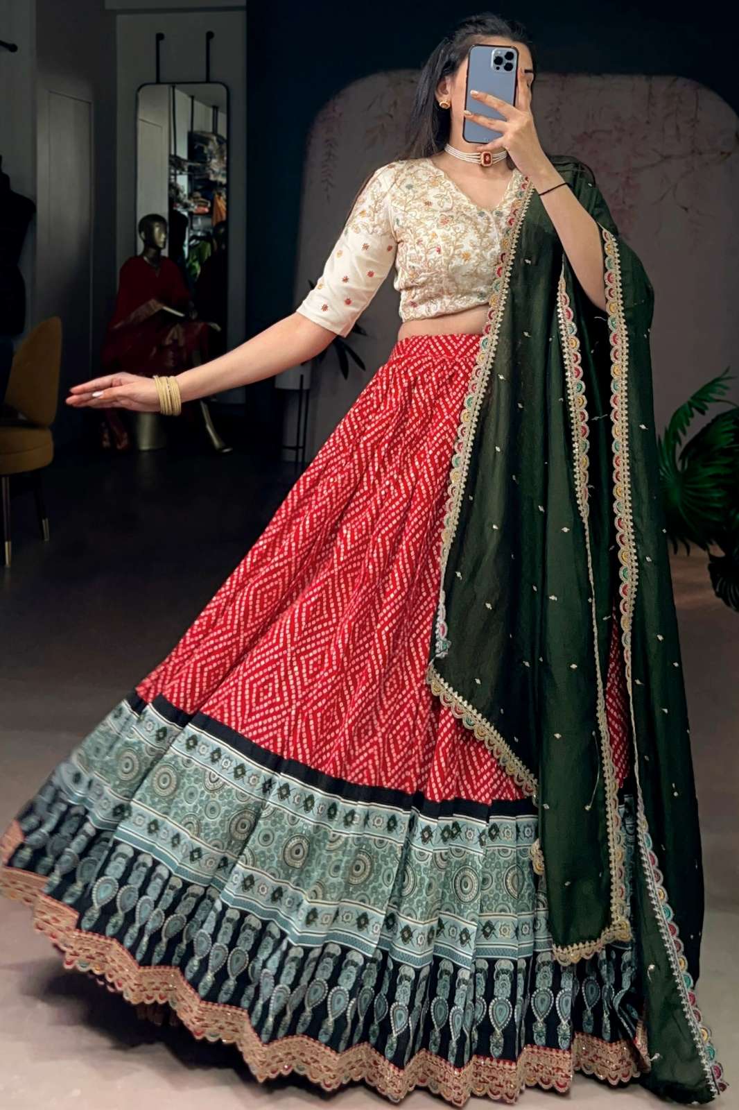 Crazycloths 23014 Ready to Wear Chanderi Mirror Work Navratri Lehenga Choli