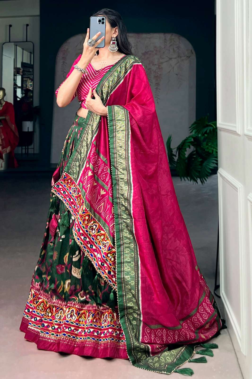 Crazycloths 23017 Tasar Silk Foil Print & Mirror Work Navratri Lehenga Choli
